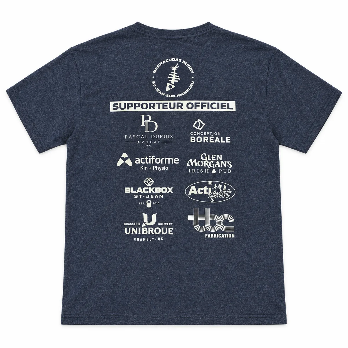 T-shirt marine chiné, dos : logo du club et partenaires officiels